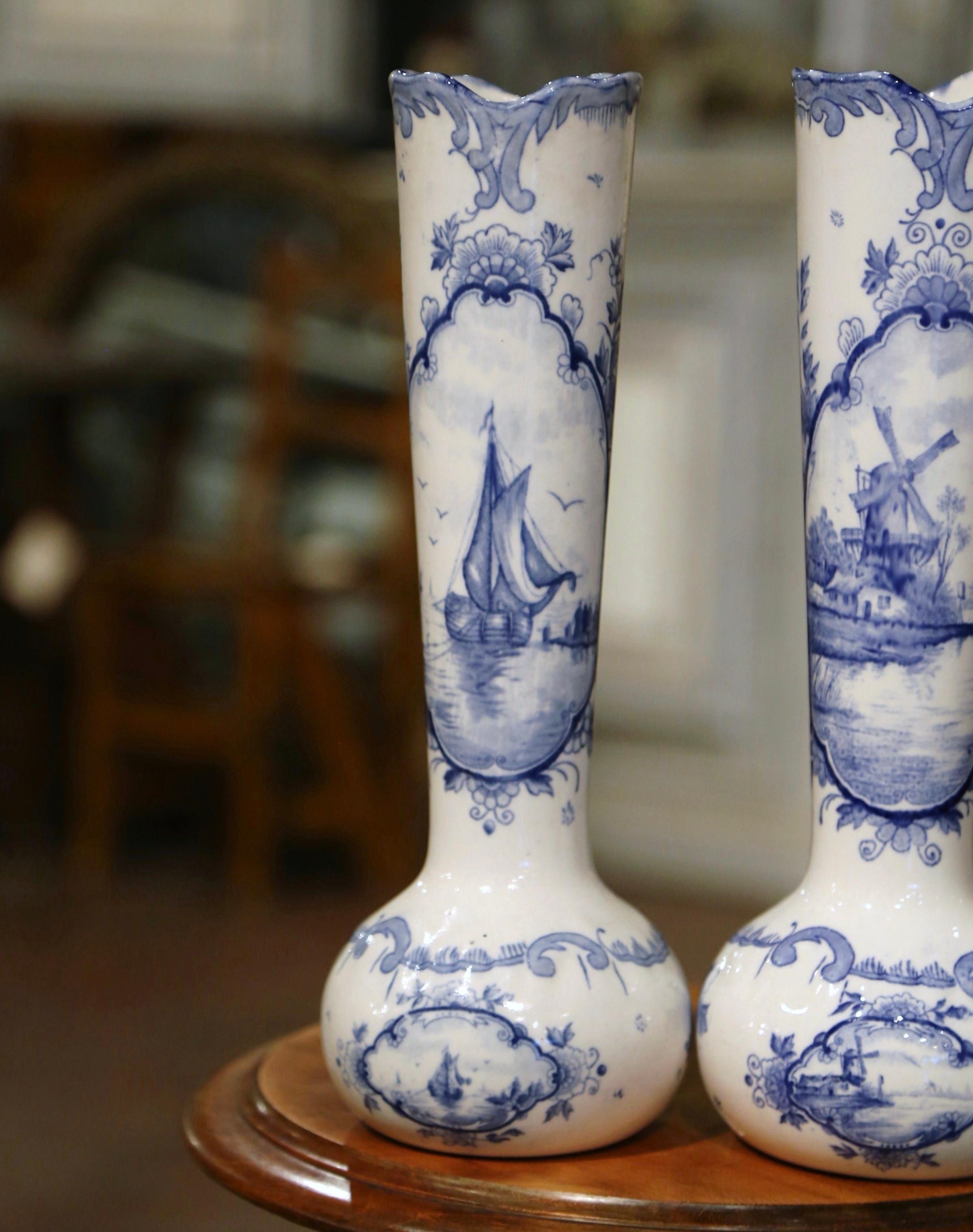 Hand-Crafted Pair of Early 20th Century Dutch Blue and White Fluted Porcelain Delft Vases