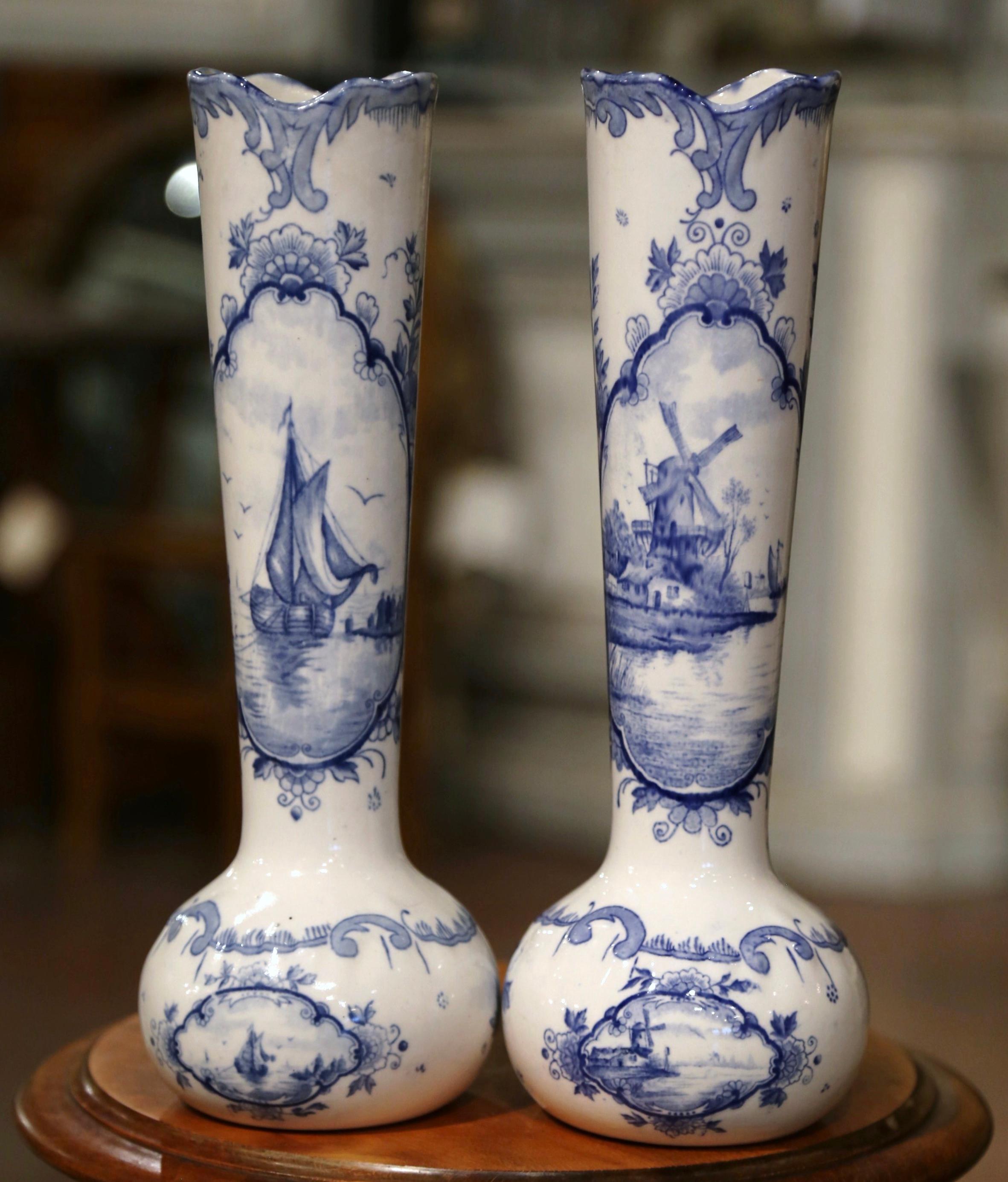 Faience Pair of Early 20th Century Dutch Blue and White Fluted Porcelain Delft Vases