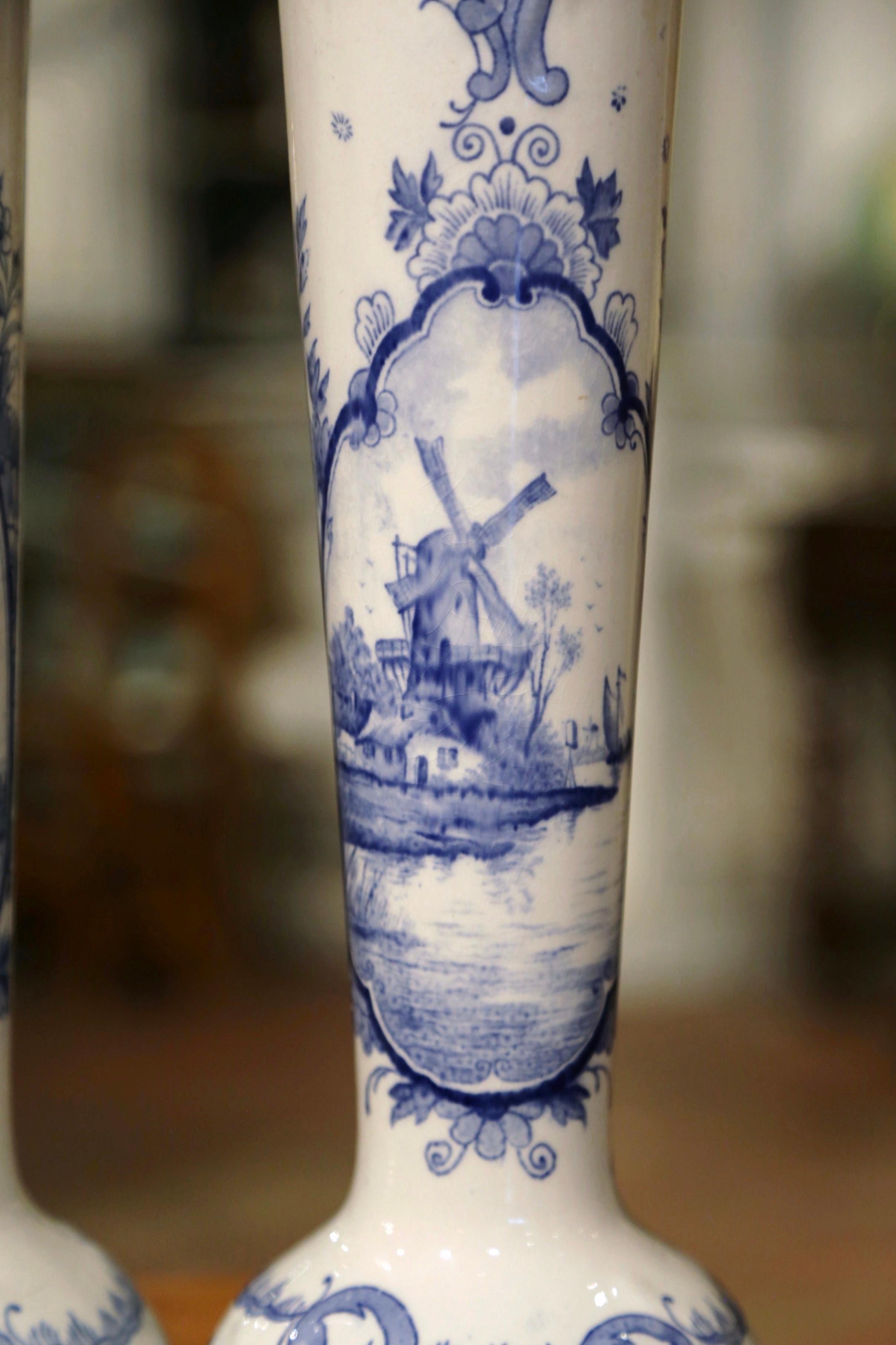Pair of Early 20th Century Dutch Blue and White Fluted Porcelain Delft Vases 2