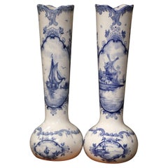 Pair of Early 20th Century Dutch Blue and White Fluted Porcelain Delft Vases
