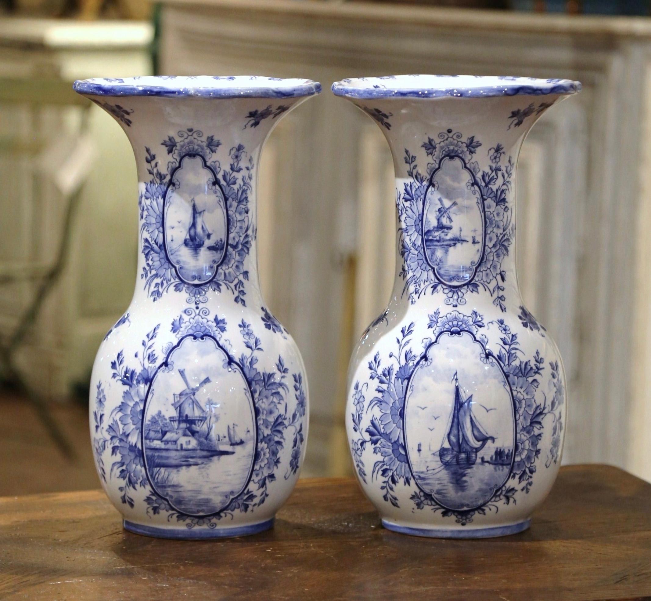 Hand-Painted Pair of Early 20th Century Dutch Blue and White Hand Painted Faience Delft Vases