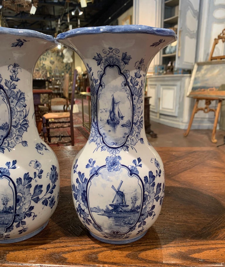 Pair of Early 20th Century Dutch Blue and White Hand Painted Faience ...