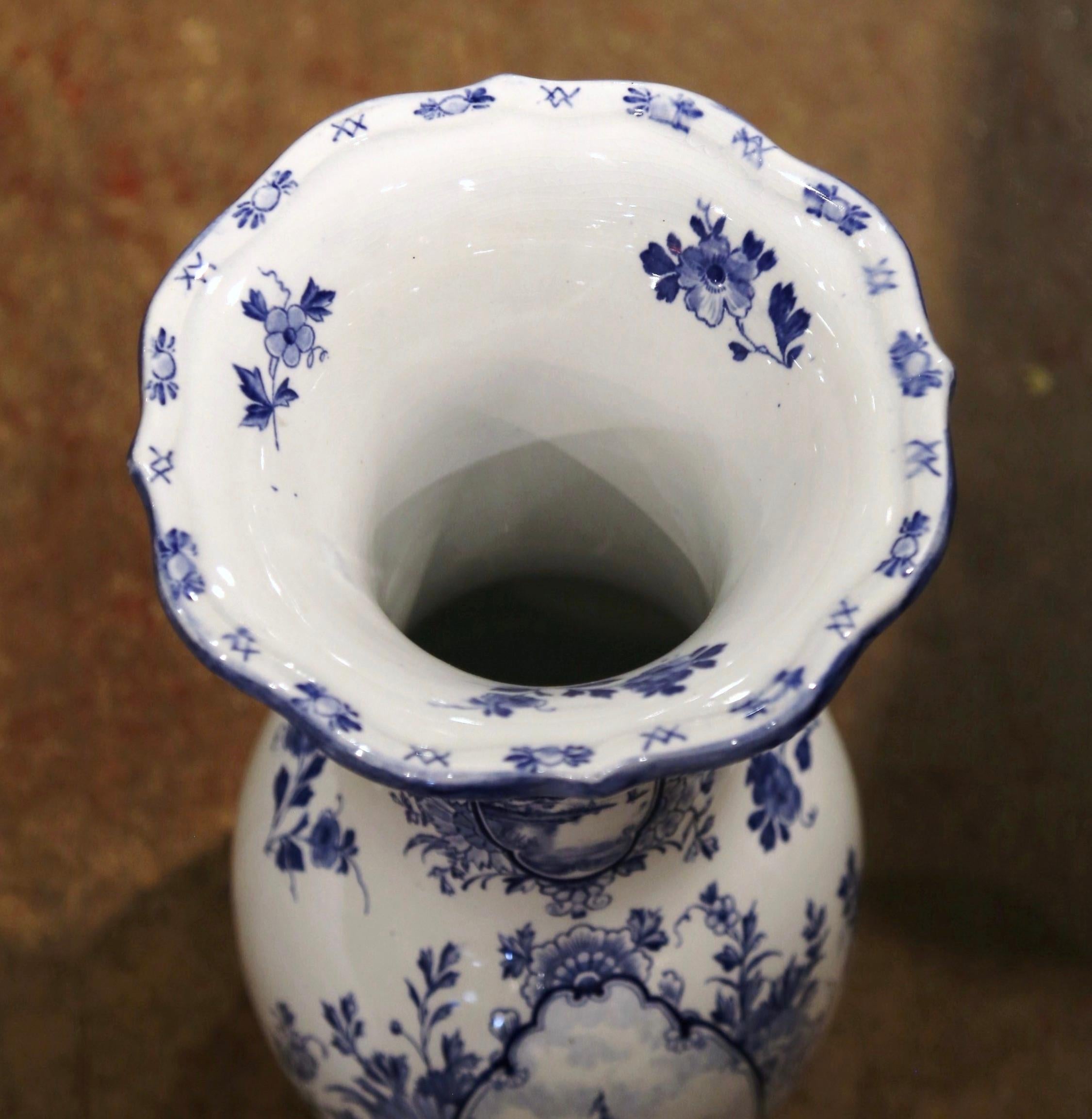 Pair of Early 20th Century Dutch Blue and White Hand Painted Faience Delft Vases 3