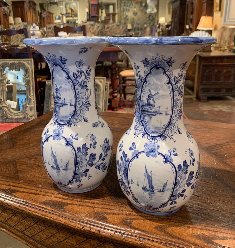Pair of Early 20th Century Dutch Blue and White Hand Painted Faience ...