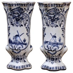 Pair of Early 20th Century Dutch Blue and White Hand Painted Faience Delft Vases