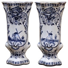 Antique Pair of Early 20th Century Dutch Blue and White Hand Painted Faience Delft Vases