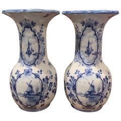 Pair of Early 20th Century Dutch Blue and White Hand Painted Faience Delft Vases