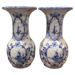 Pair of Early 20th Century Dutch Blue and White Hand Painted Faience Delft Vases