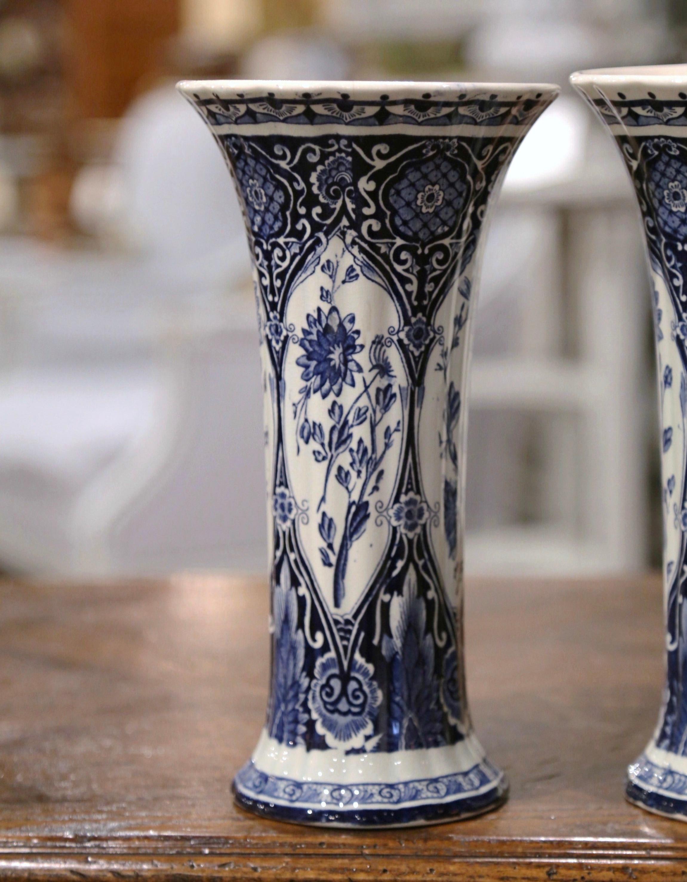 Hand-Painted Pair of Early 20th Century Dutch Blue and White Trumpet Faience Delft Vases