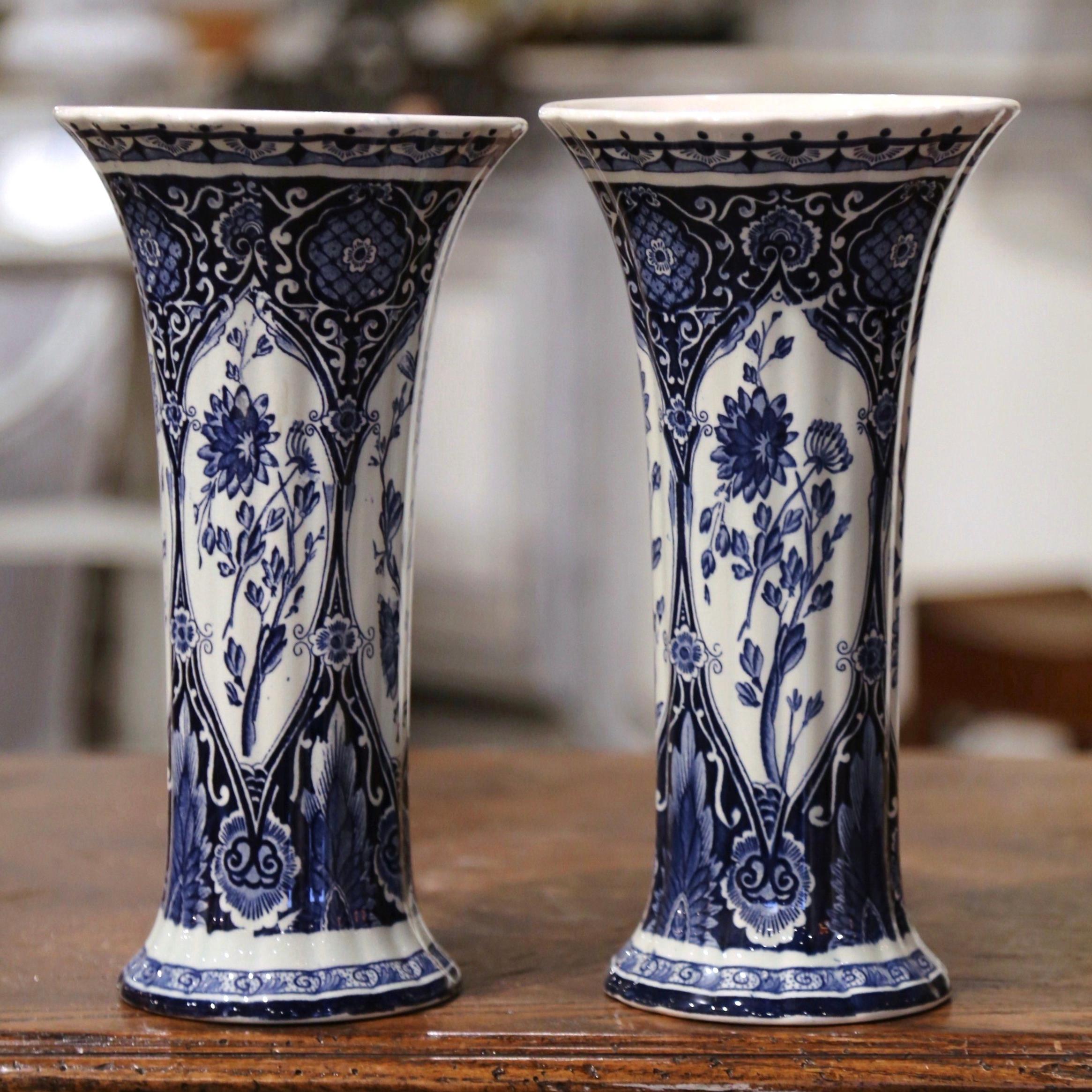 Ceramic Pair of Early 20th Century Dutch Blue and White Trumpet Faience Delft Vases