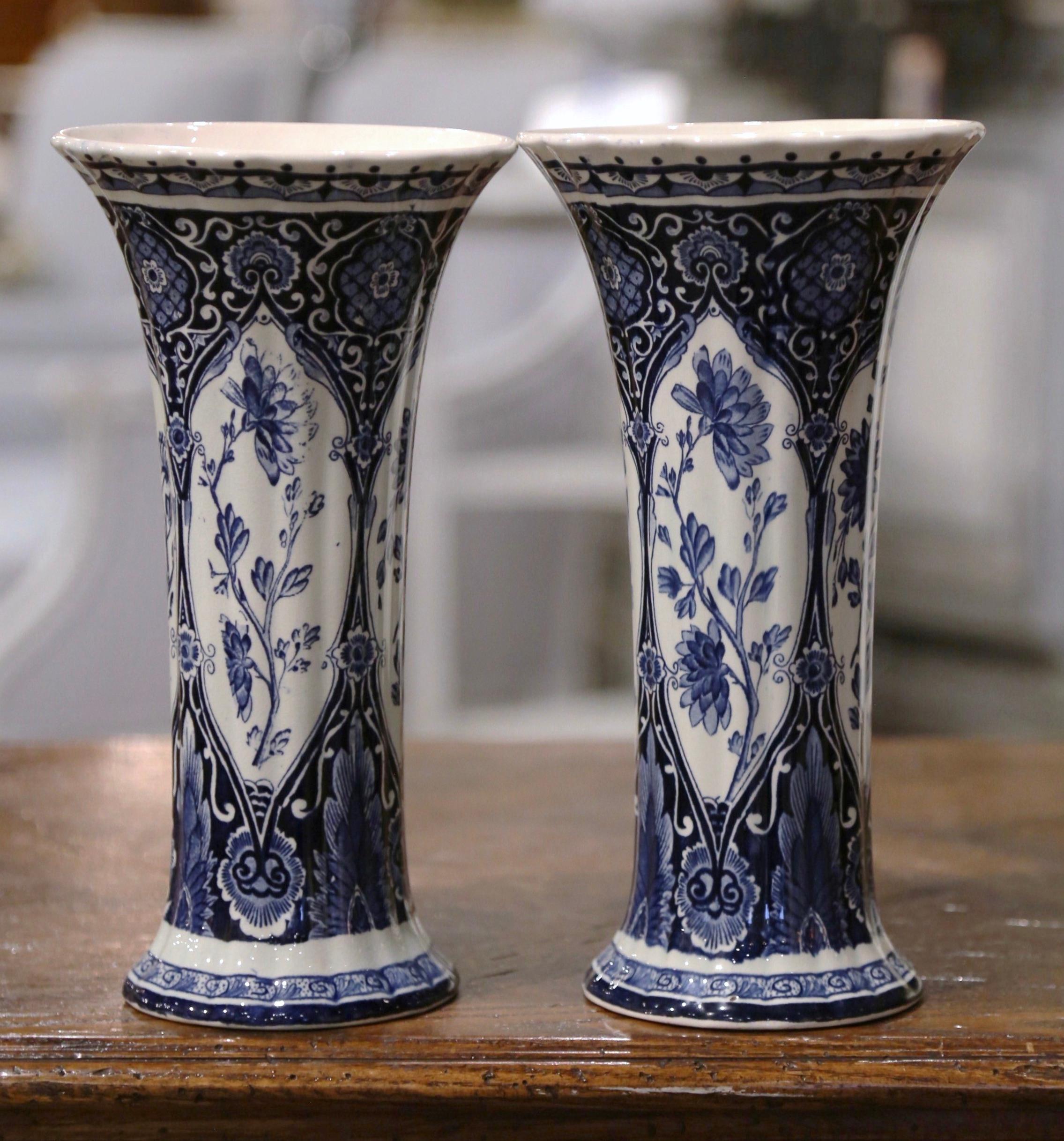 Pair of Early 20th Century Dutch Blue and White Trumpet Faience Delft Vases 2