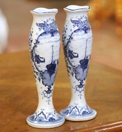 Pair of Early 20th Century Dutch Delft Blue and White Faience Bud Vases