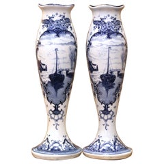 Pair of Early 20th Century Dutch Delft Blue and White Faience Bud Vases