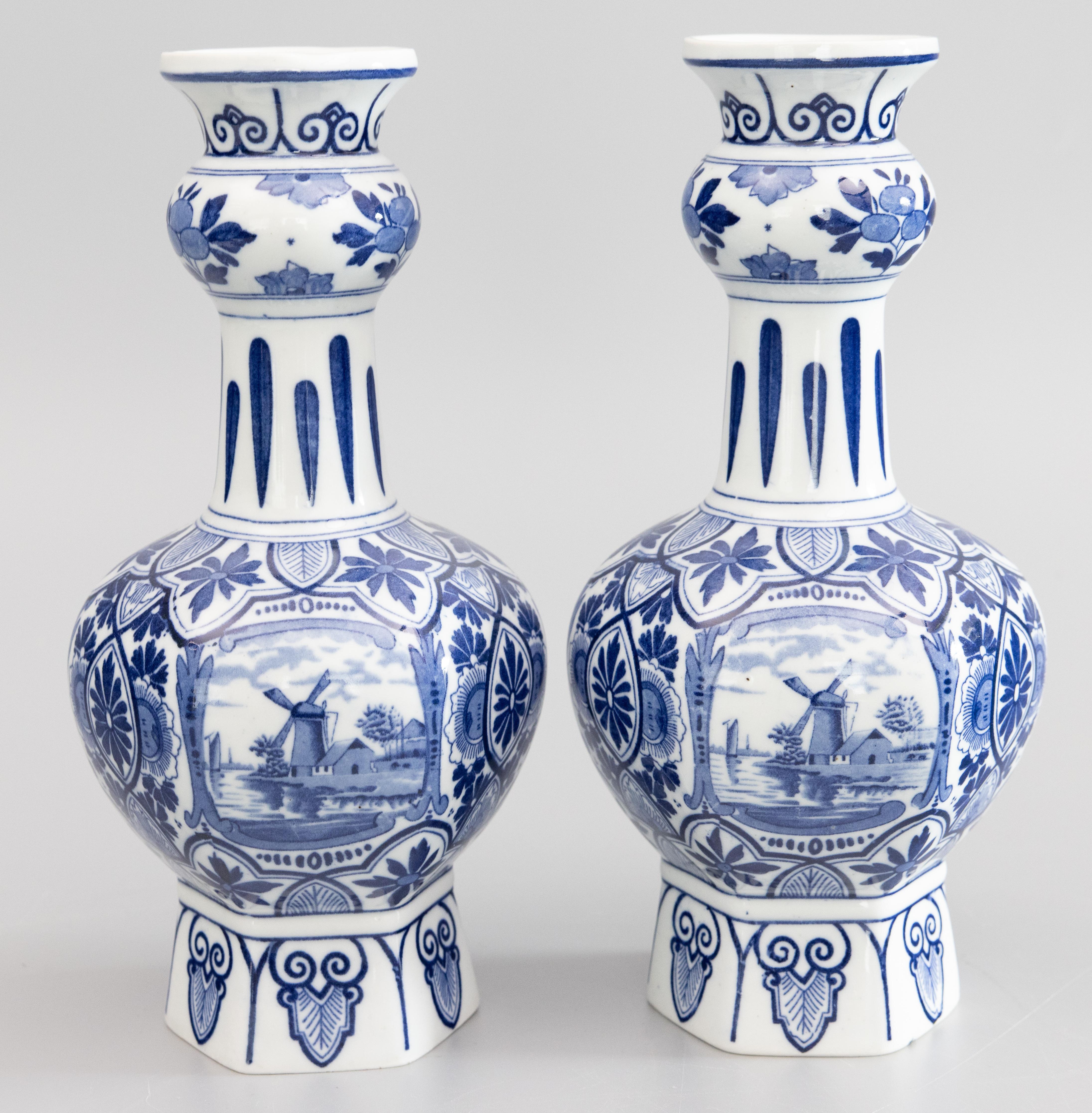 Hand-Painted Pair of Early 20th Century Dutch Delft Faience Knobble Vases