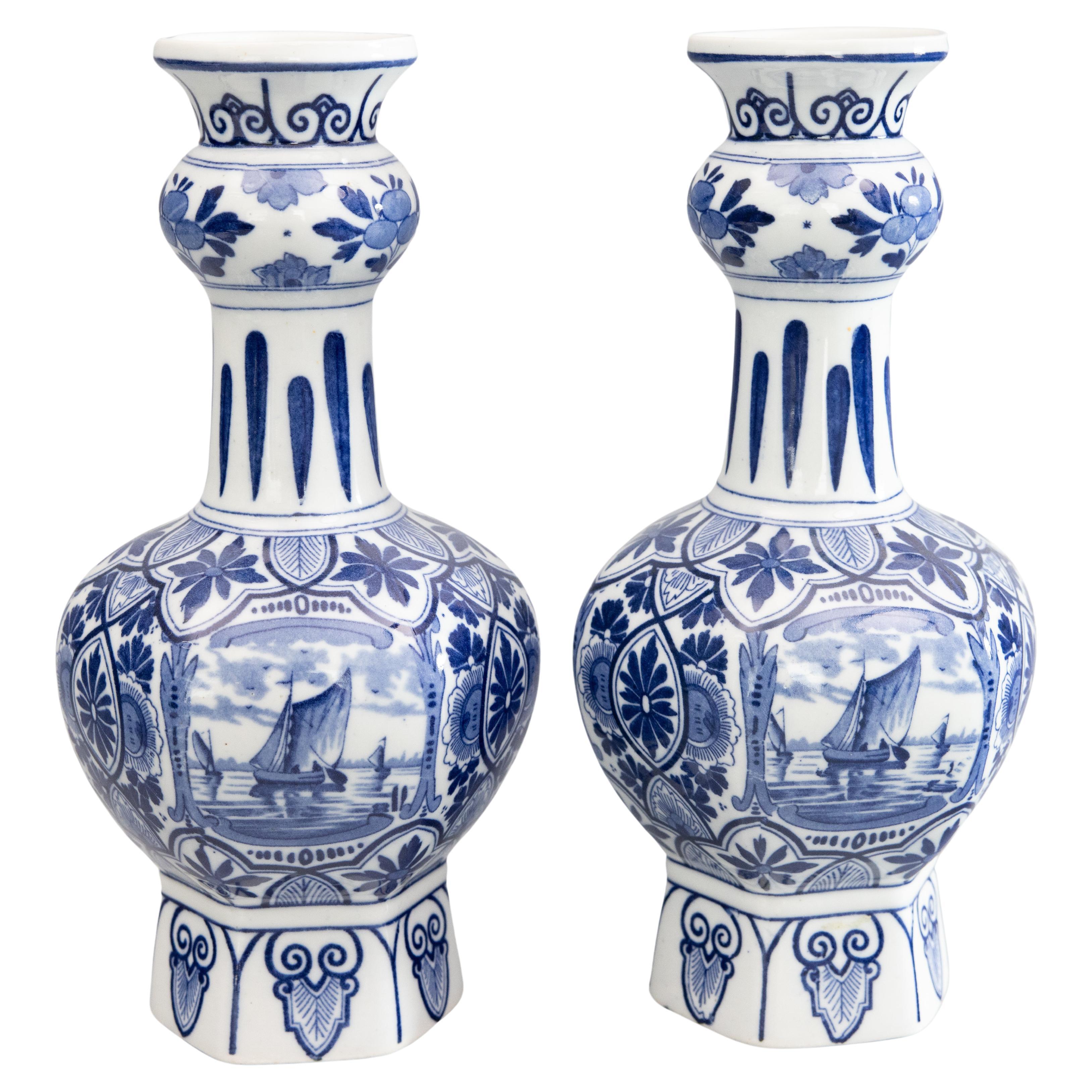 Pair of Early 20th Century Dutch Delft Faience Knobble Vases