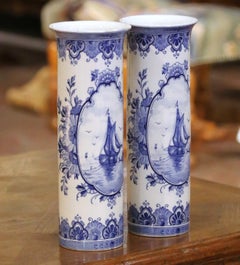 Pair of Early 20th Century Dutch Delft Faience Vases with Sailboat Scenes