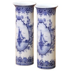 Pair of Early 20th Century Dutch Delft Faience Vases with Sailboat Scenes