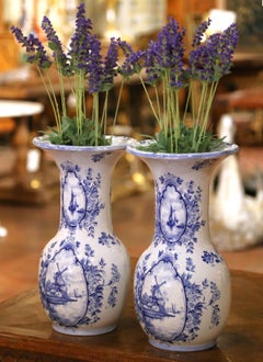 Pair of Early 20th Century Dutch Delft Faience Vases with Sailboats & Windmills