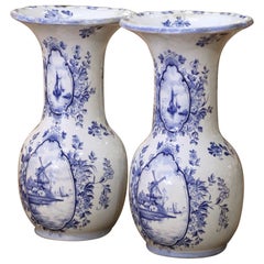 Pair of Early 20th Century Dutch Delft Faience Vases with Sailboats & Windmills