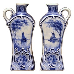 Antique Pair of Early 20th Century Dutch Painted Faience Delft Oil or Vinegar Bottles