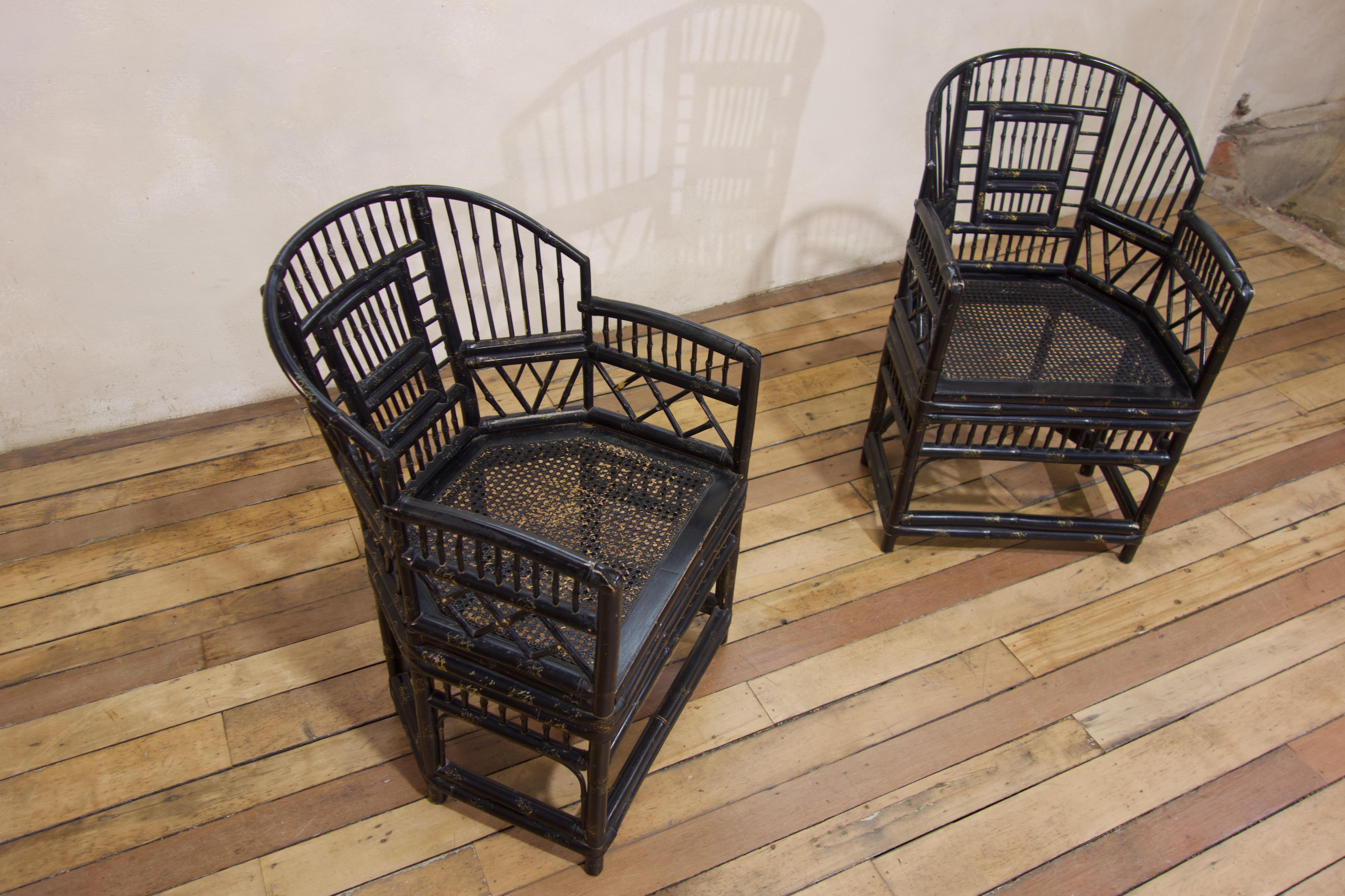 Pair of Early 20th Century Ebonised & Gilt 'Brighton Pavilion' Bamboo Armchairs 6