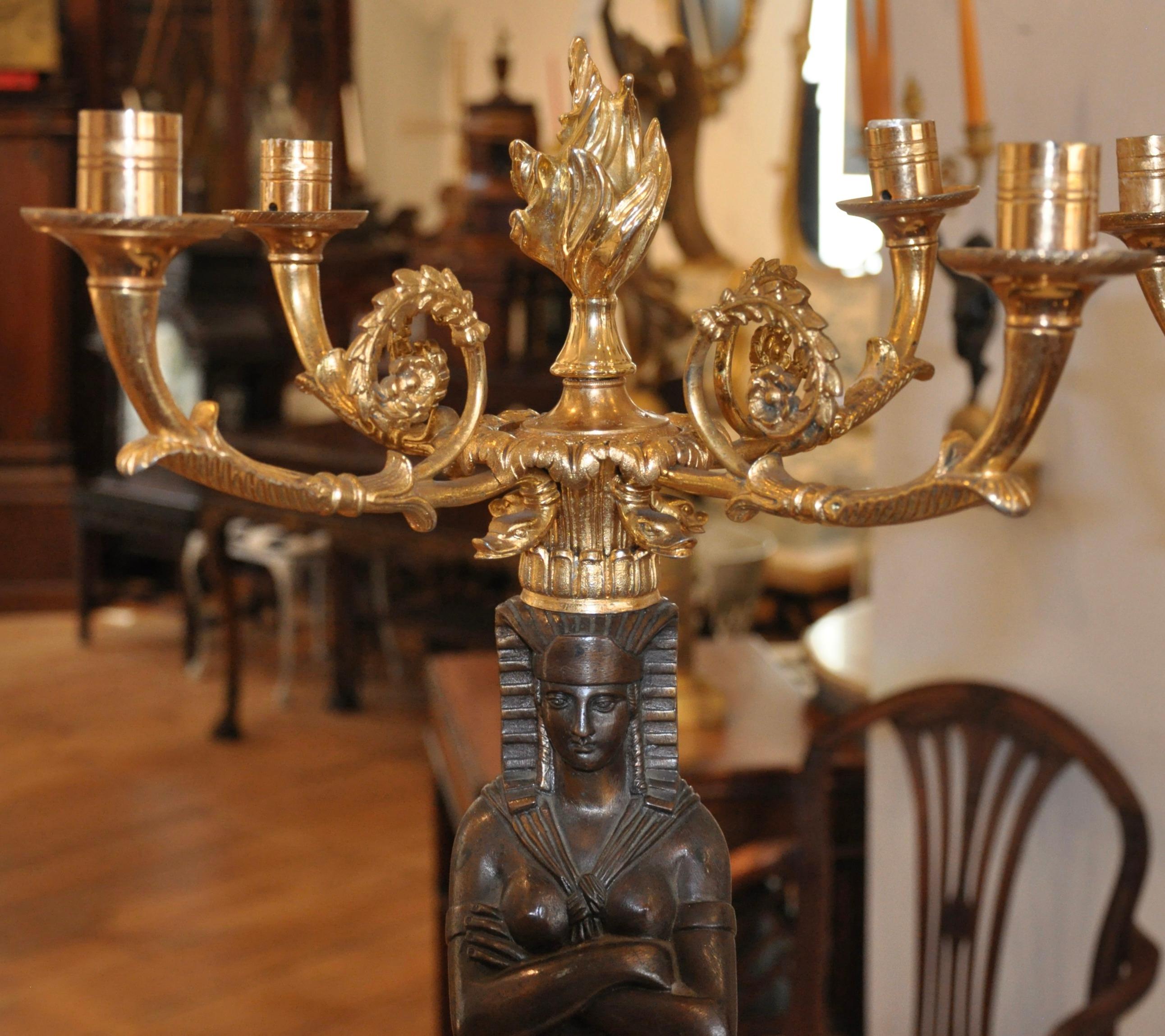 Pair of Early 20th Century Egyptian Revival Candelabra In Good Condition For Sale In Essex, MA