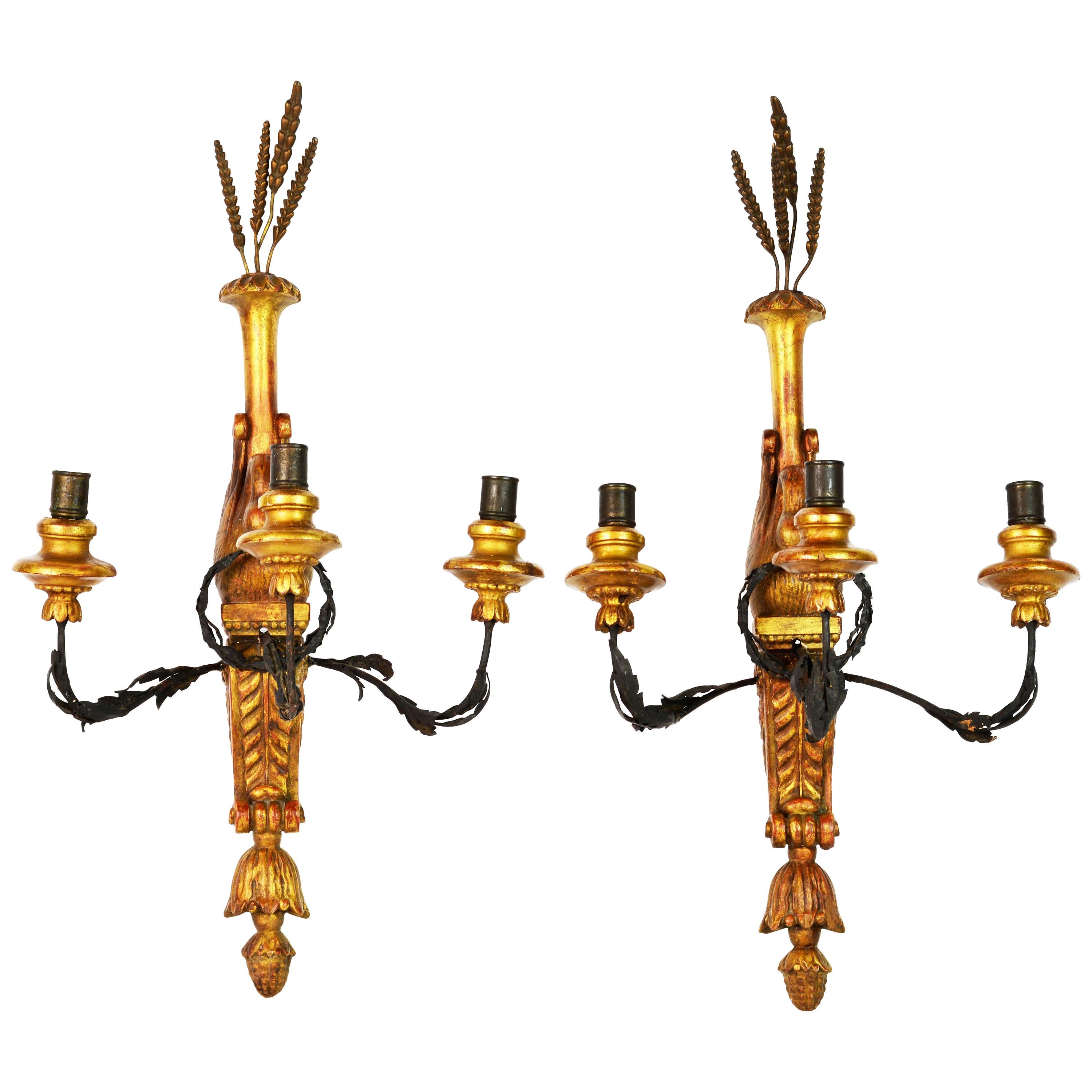 Pair of Early 20th Century Empire Style Carved Gilt and Paint Wall Sconces