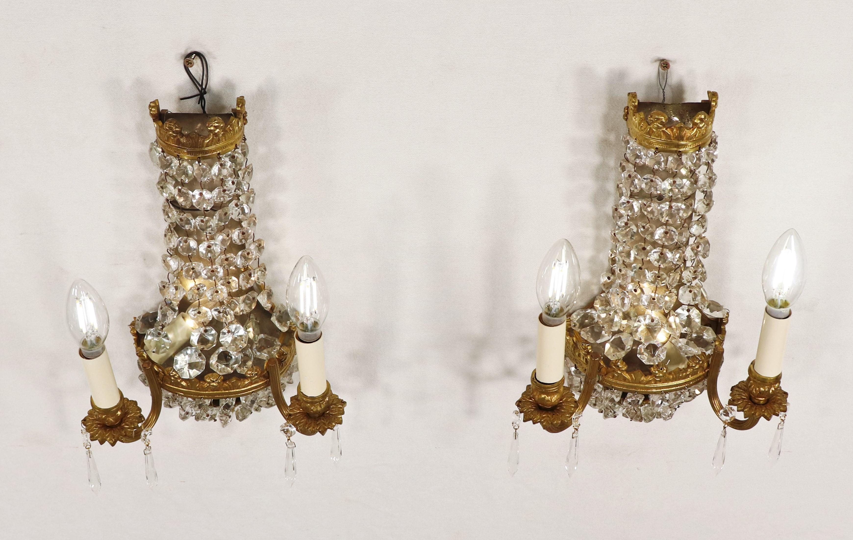 French Pair of Early 20th Century Empire Style Gilt Bronze and Crystal Sconces