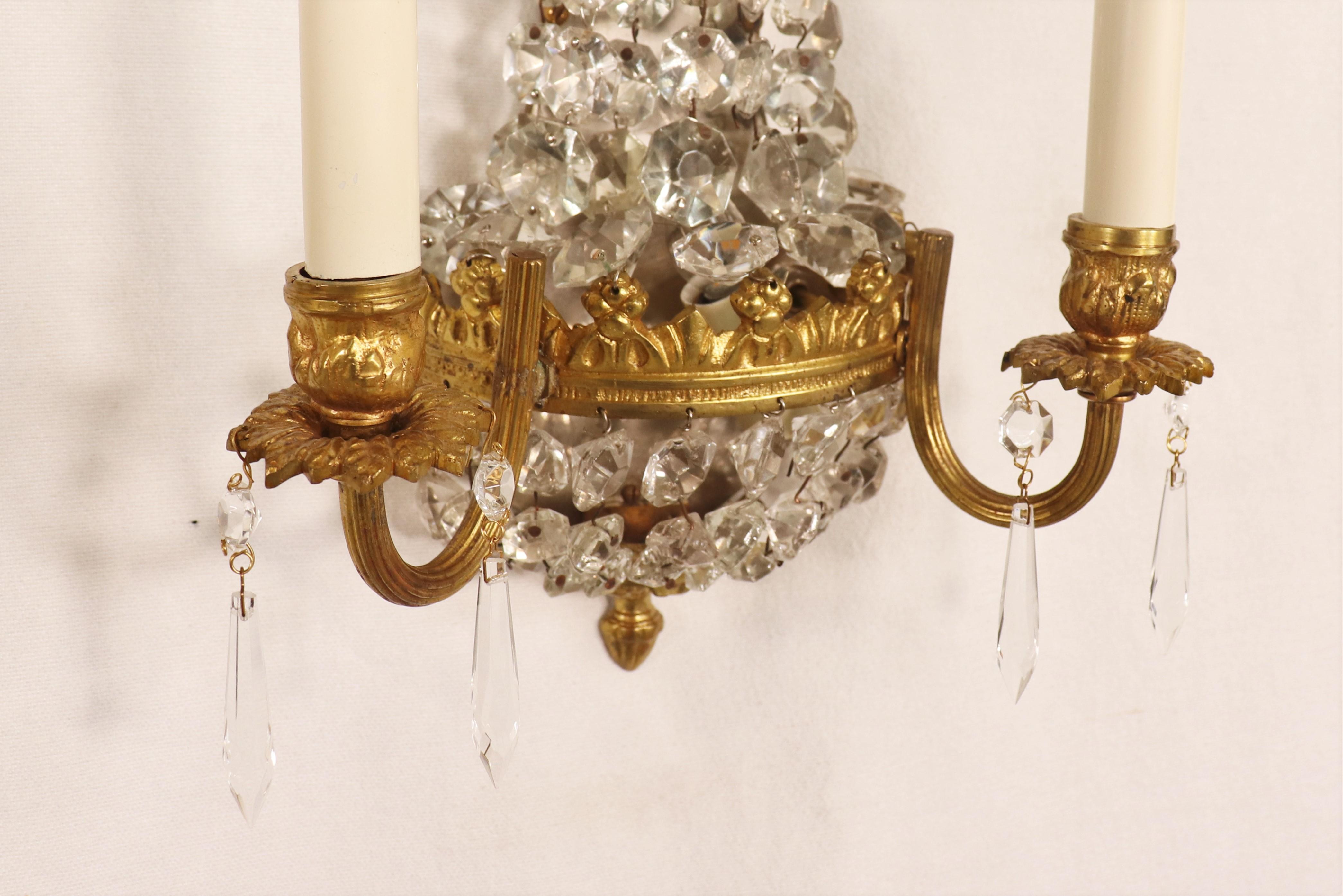 Cast Pair of Early 20th Century Empire Style Gilt Bronze and Crystal Sconces
