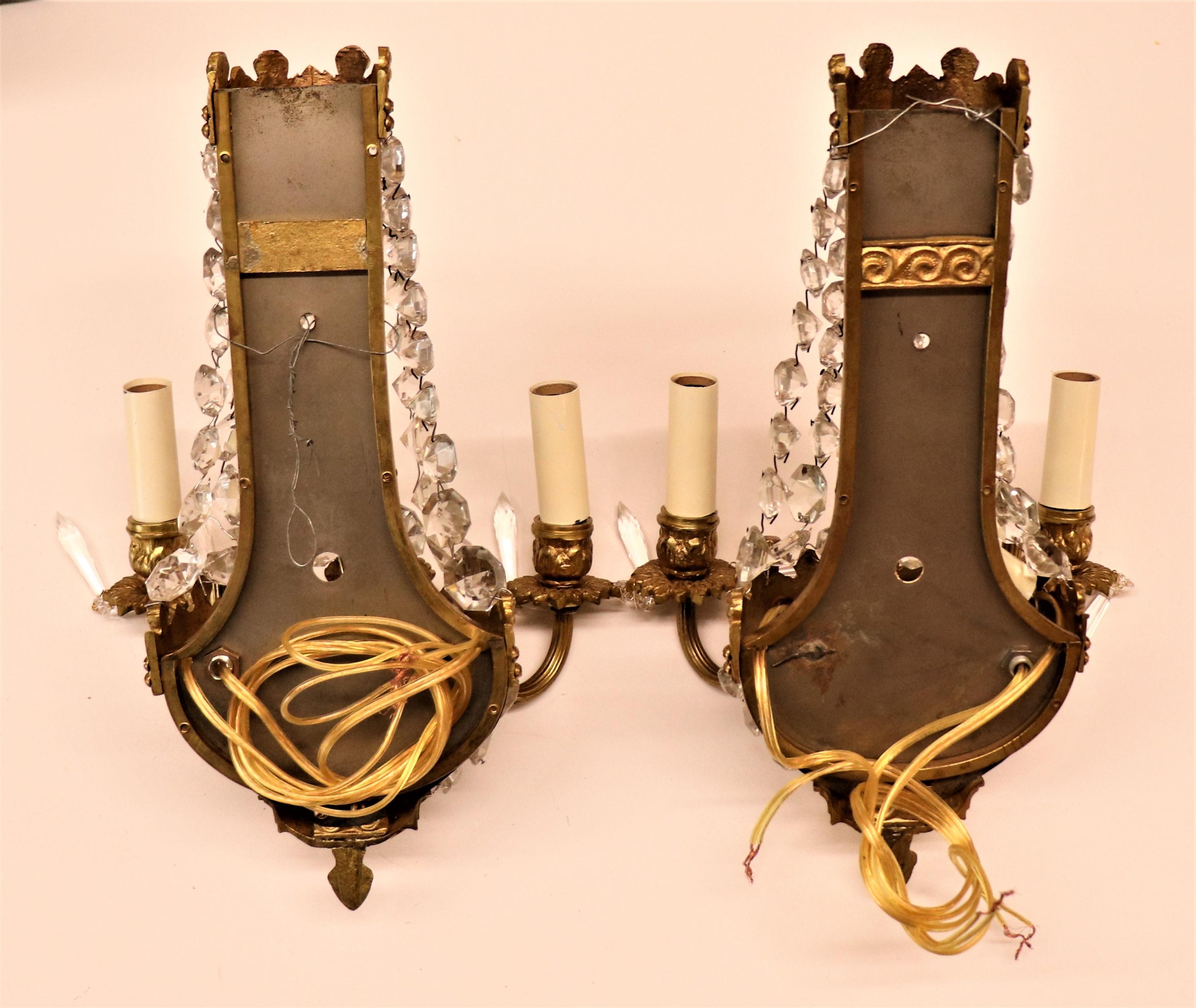 Pair of Early 20th Century Empire Style Gilt Bronze and Crystal Sconces 1