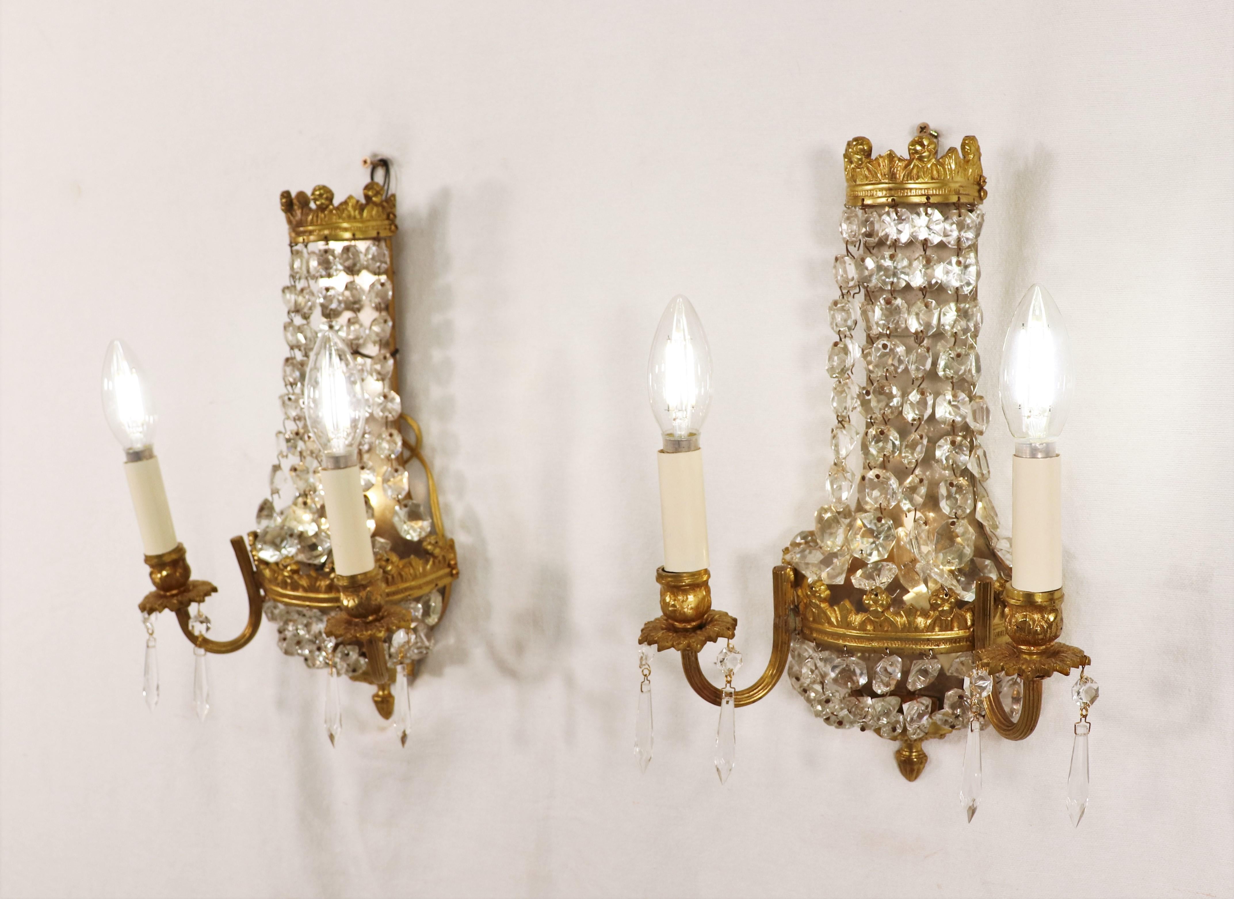 Pair of Early 20th Century Empire Style Gilt Bronze and Crystal Sconces 2