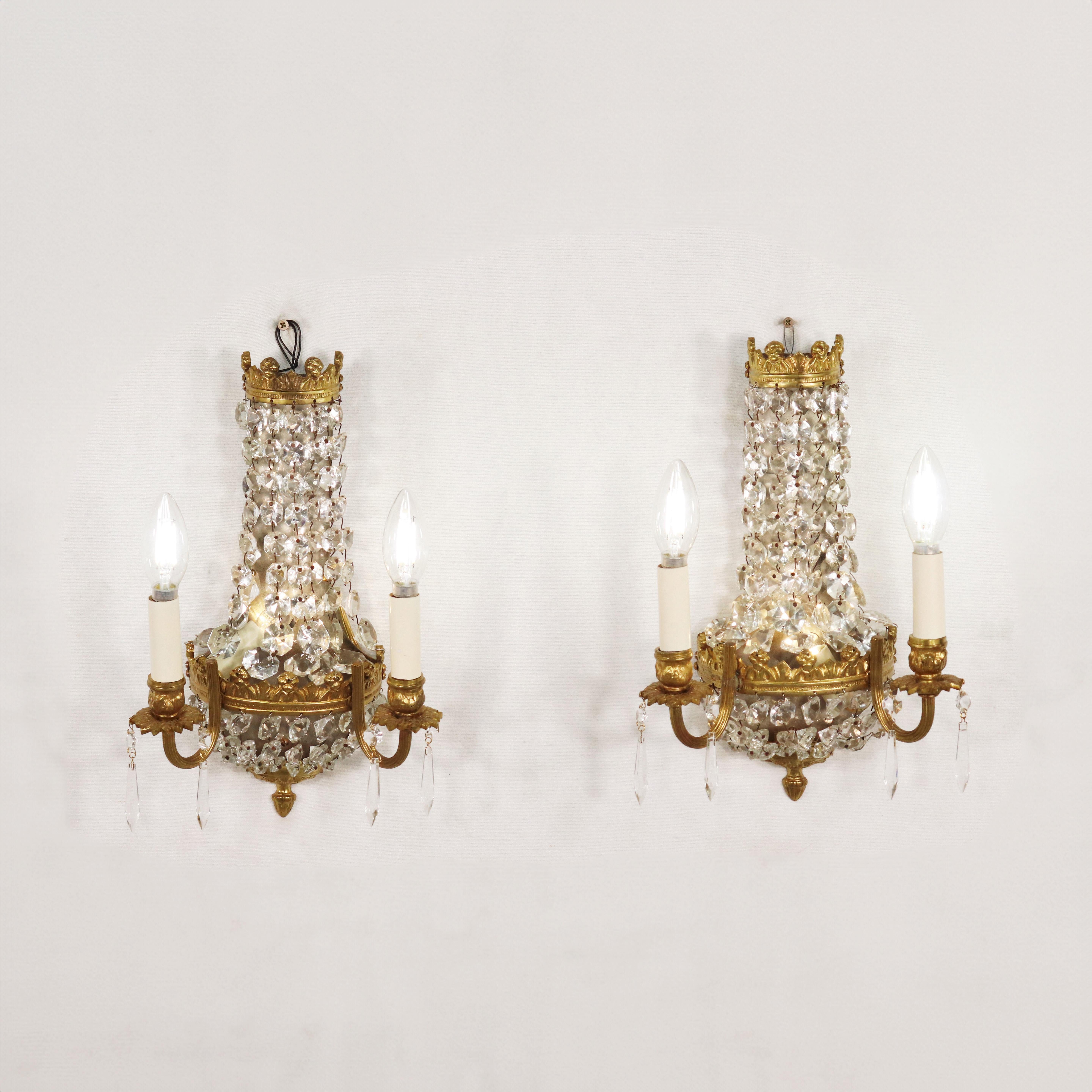 Pair of Early 20th Century Empire Style Gilt Bronze and Crystal Sconces 3