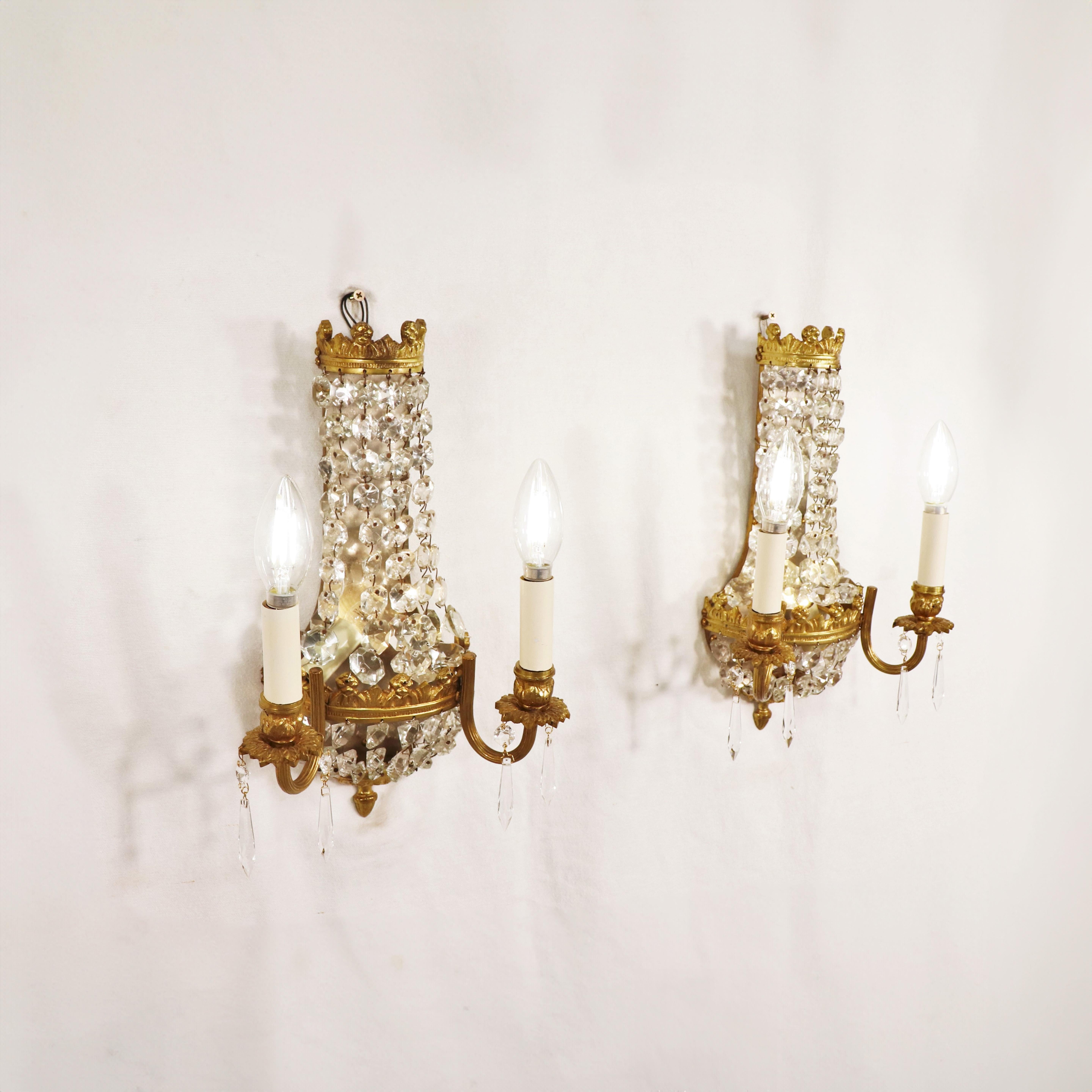 Pair of Early 20th Century Empire Style Gilt Bronze and Crystal Sconces 4
