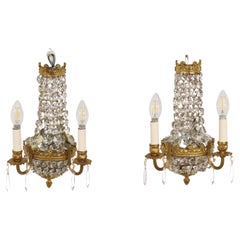Pair of Early 20th Century Empire Style Gilt Bronze and Crystal Sconces