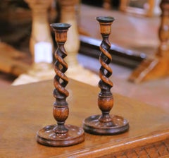 Pair of Early 20th Century English Barley Twist Oak Candlesticks with Brass Cups