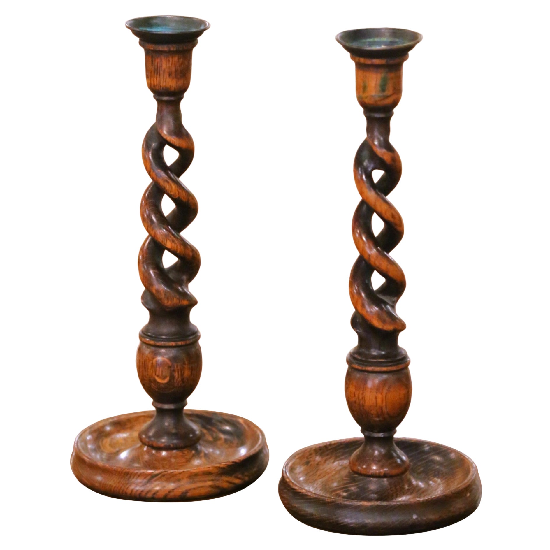 Pair of Early 20th Century English Barley Twist Oak Candlesticks with Brass Cups