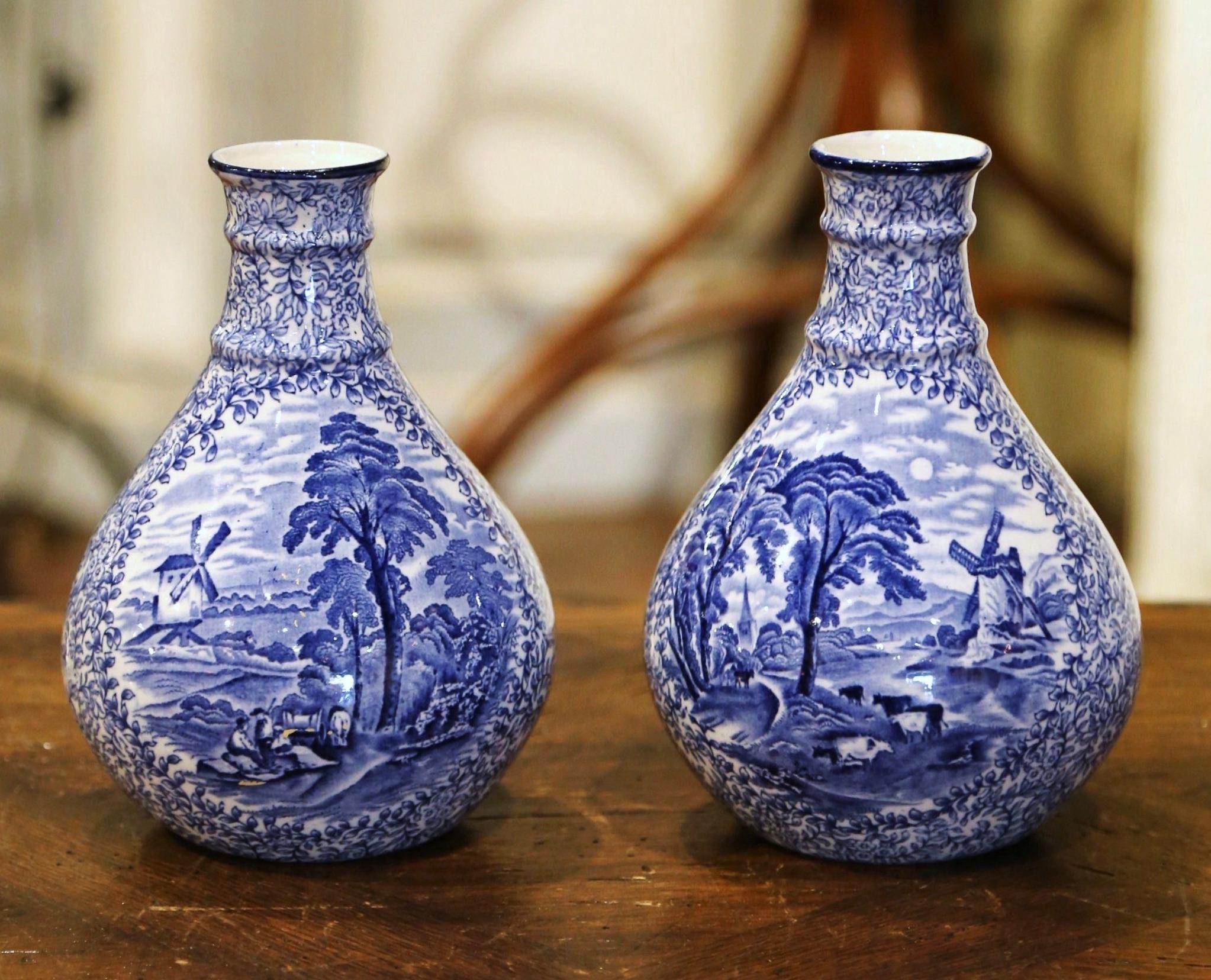 Ceramic Pair of Early 20th Century English Blue and White Painted Faience Delft Vases