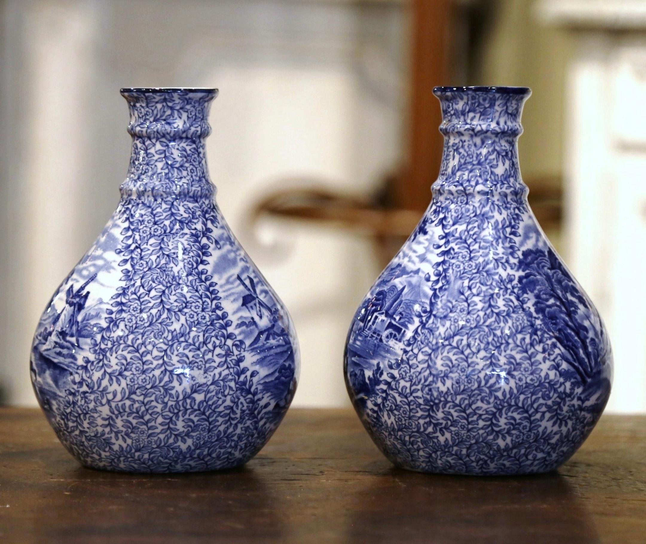 Pair of Early 20th Century English Blue and White Painted Faience Delft Vases 1