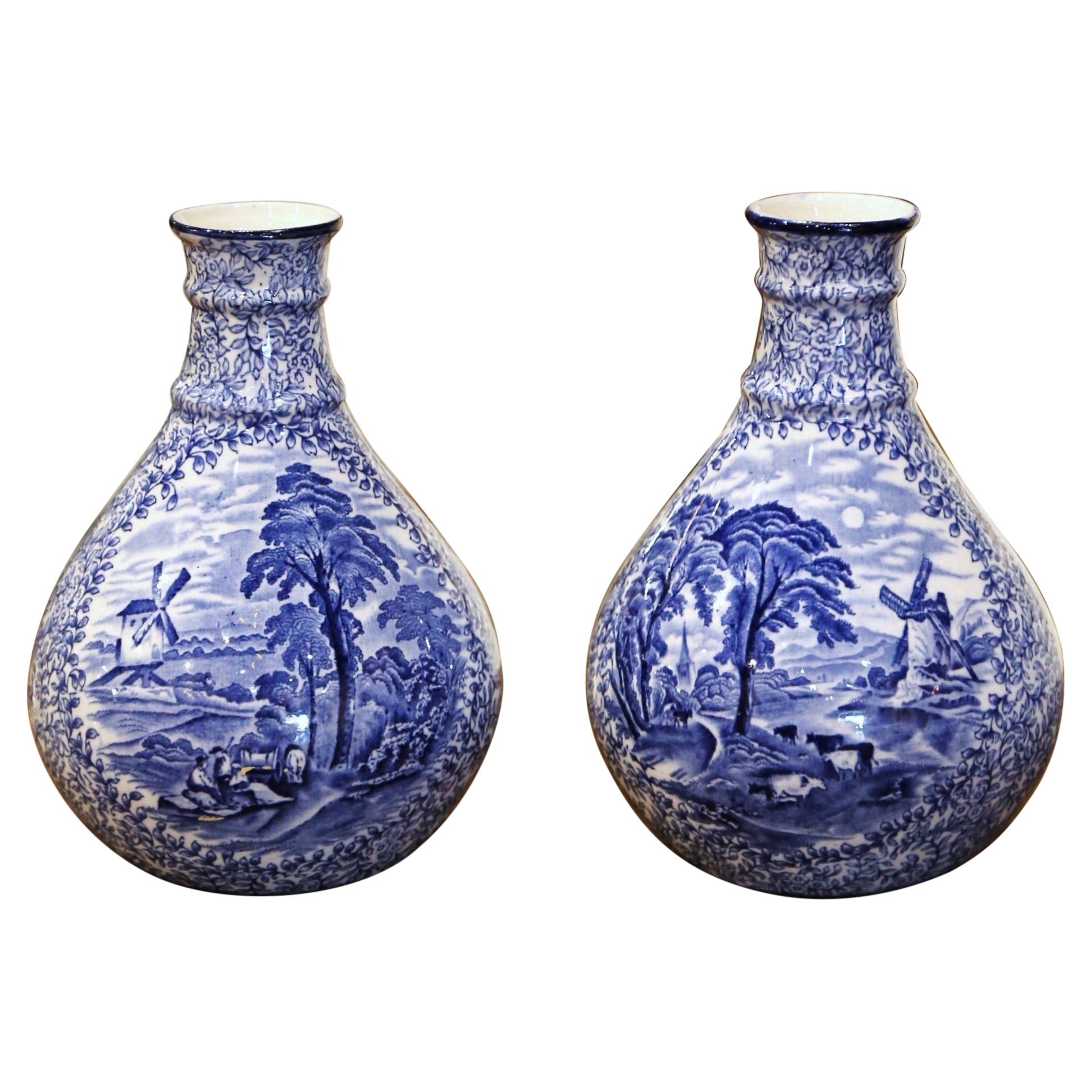 Pair of Early 20th Century English Blue and White Painted Faience Delft Vases