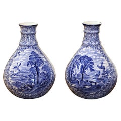 Antique Pair of Early 20th Century English Blue and White Painted Faience Delft Vases