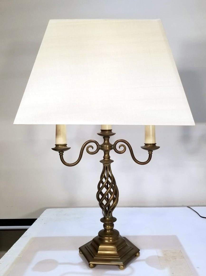 This beautiful pair of brass barley twist lamps are in the William and Mary style and were made in England.

Additional measurements:
Width without shade 15.5 inches
Diameter without shade 8 inches
Width with shade 20 inches
Diameter with