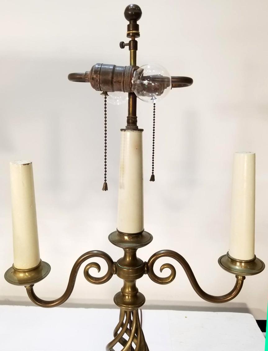 Pair of Early 20th Century English Brass Barley Twist Candelabra Lamps 4