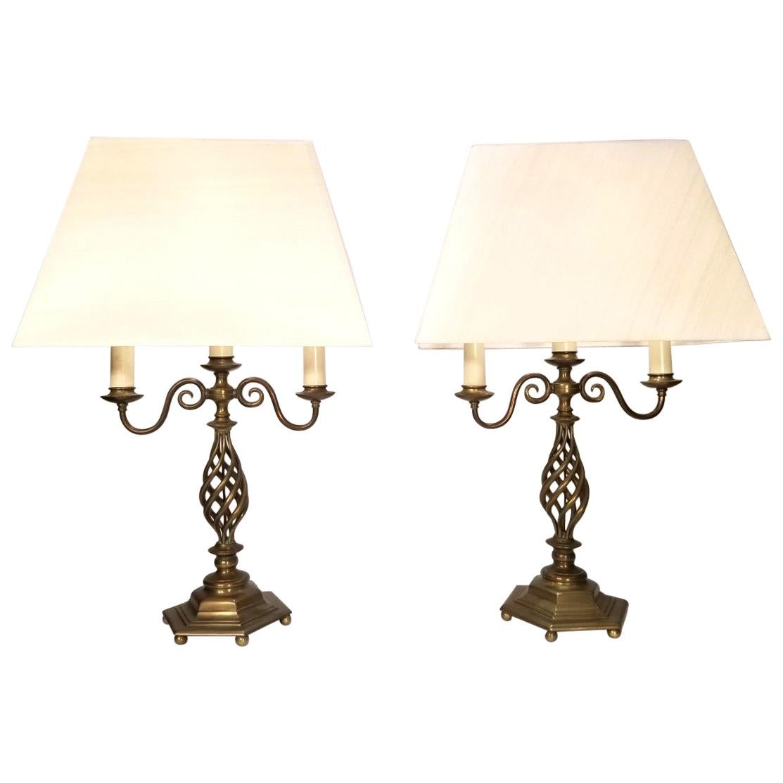 Pair of Early 20th Century English Brass Barley Twist Candelabra Lamps
