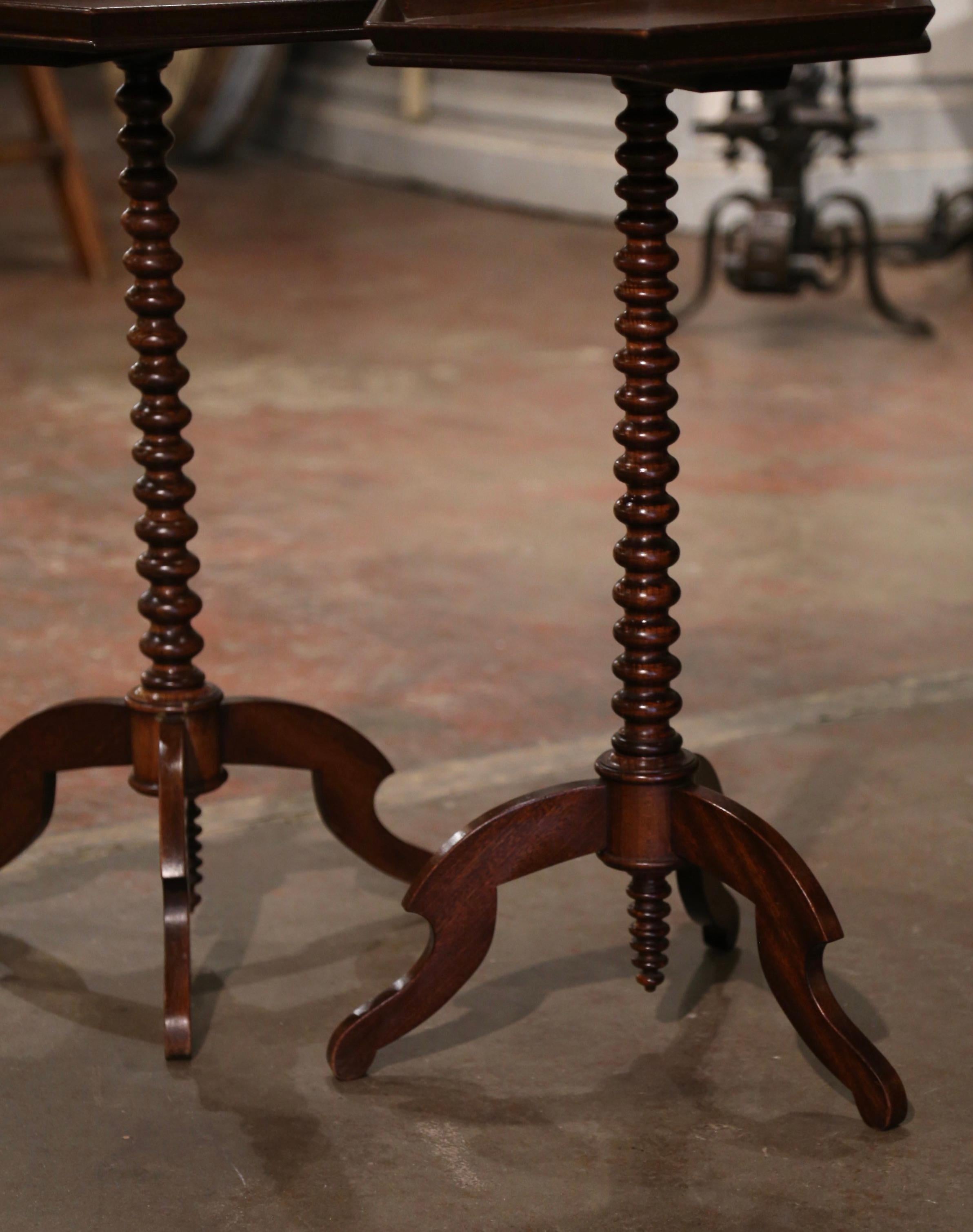 Pair of Early 20th Century English Carved Walnut Hexagonal Martini Side Tables  For Sale 2