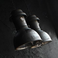 Pair of Early 20th Century English Copper & Glass Factory Lights