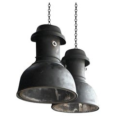 Pair of Early 20th Century English Copper & Glass Factory Lights