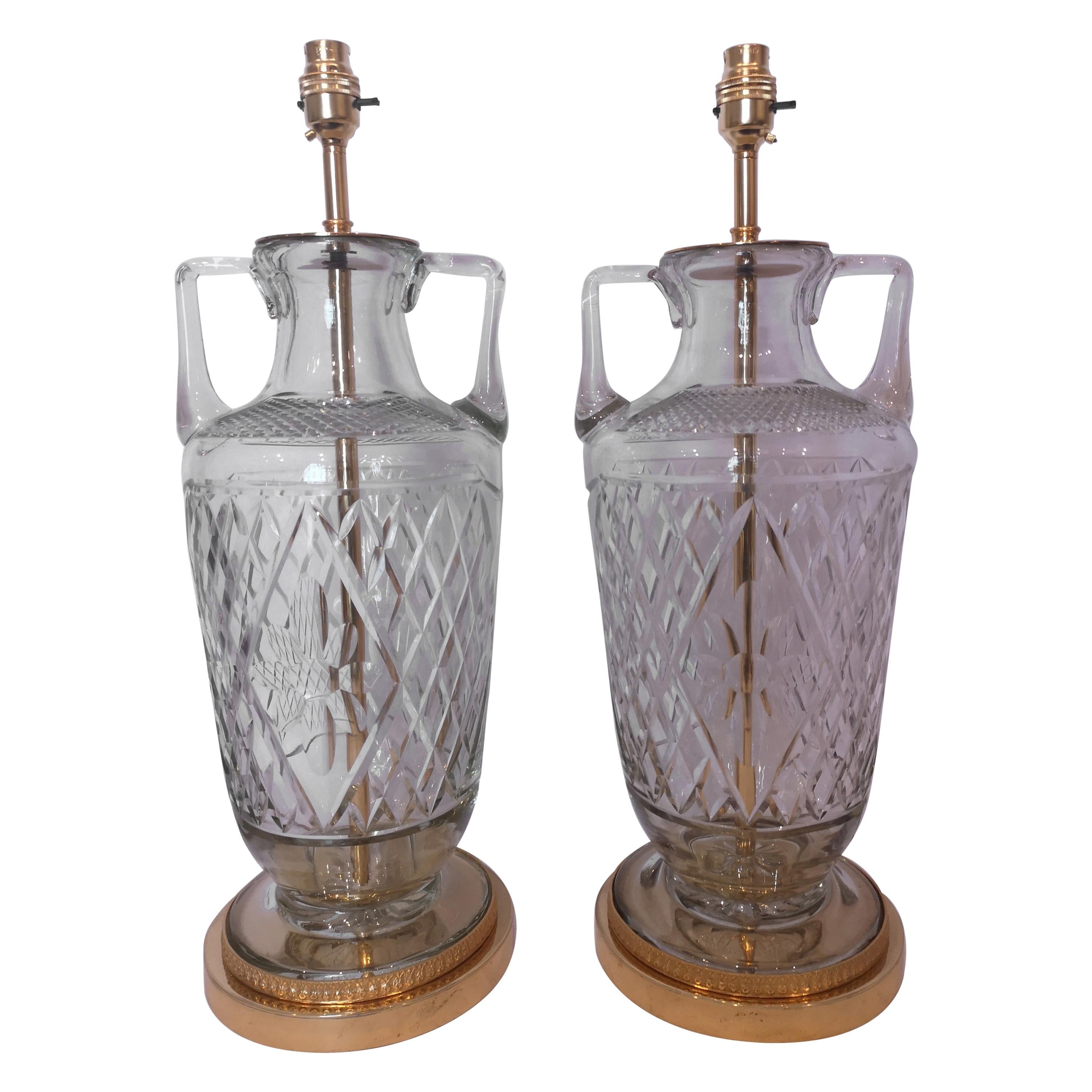 Pair of Early 20th Century English Cut Crystal & Bronze Lamps, 1920 For Sale