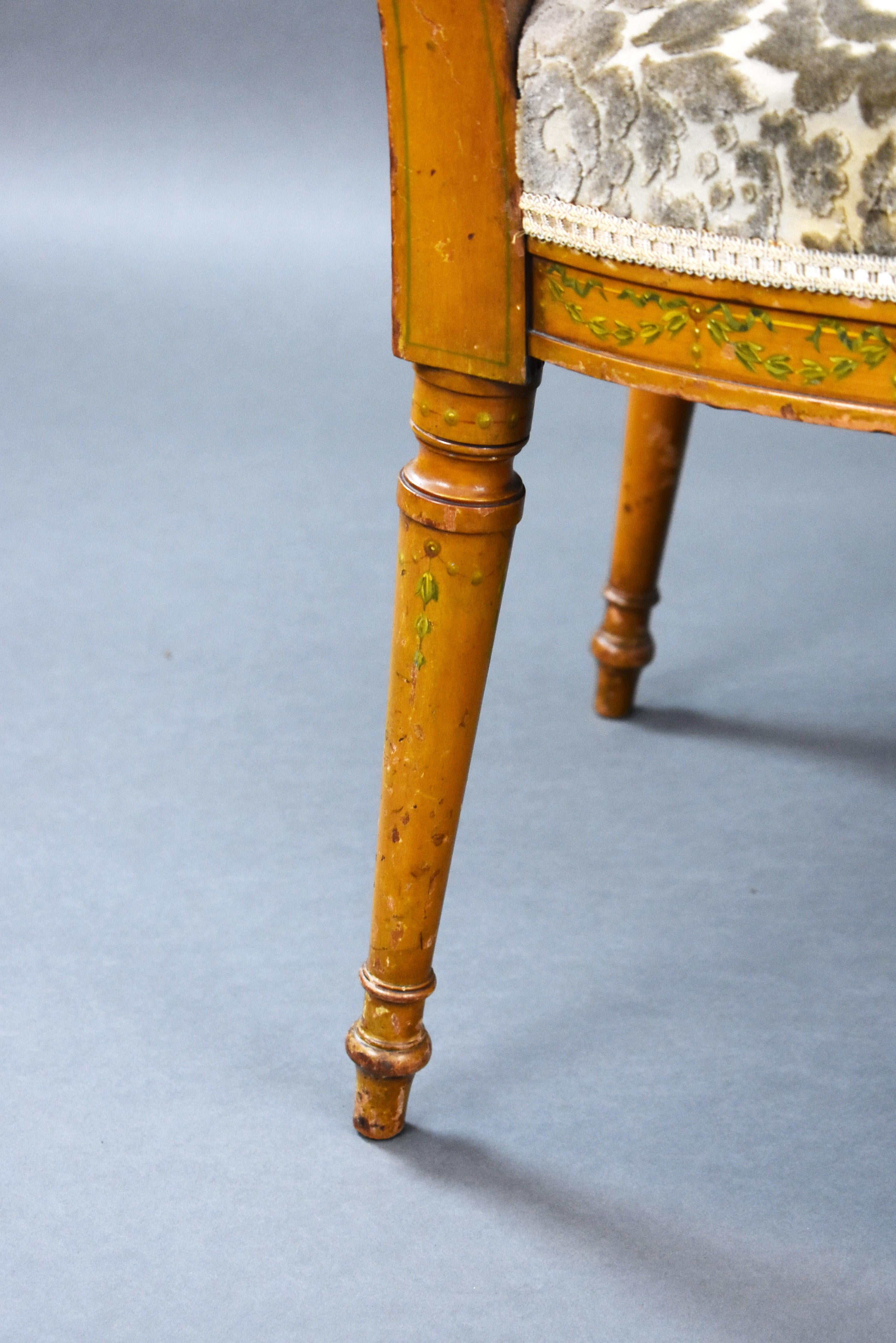 Pair of Early 20th Century English Edwardian Hand Painted Satinwood Armchairs For Sale 8