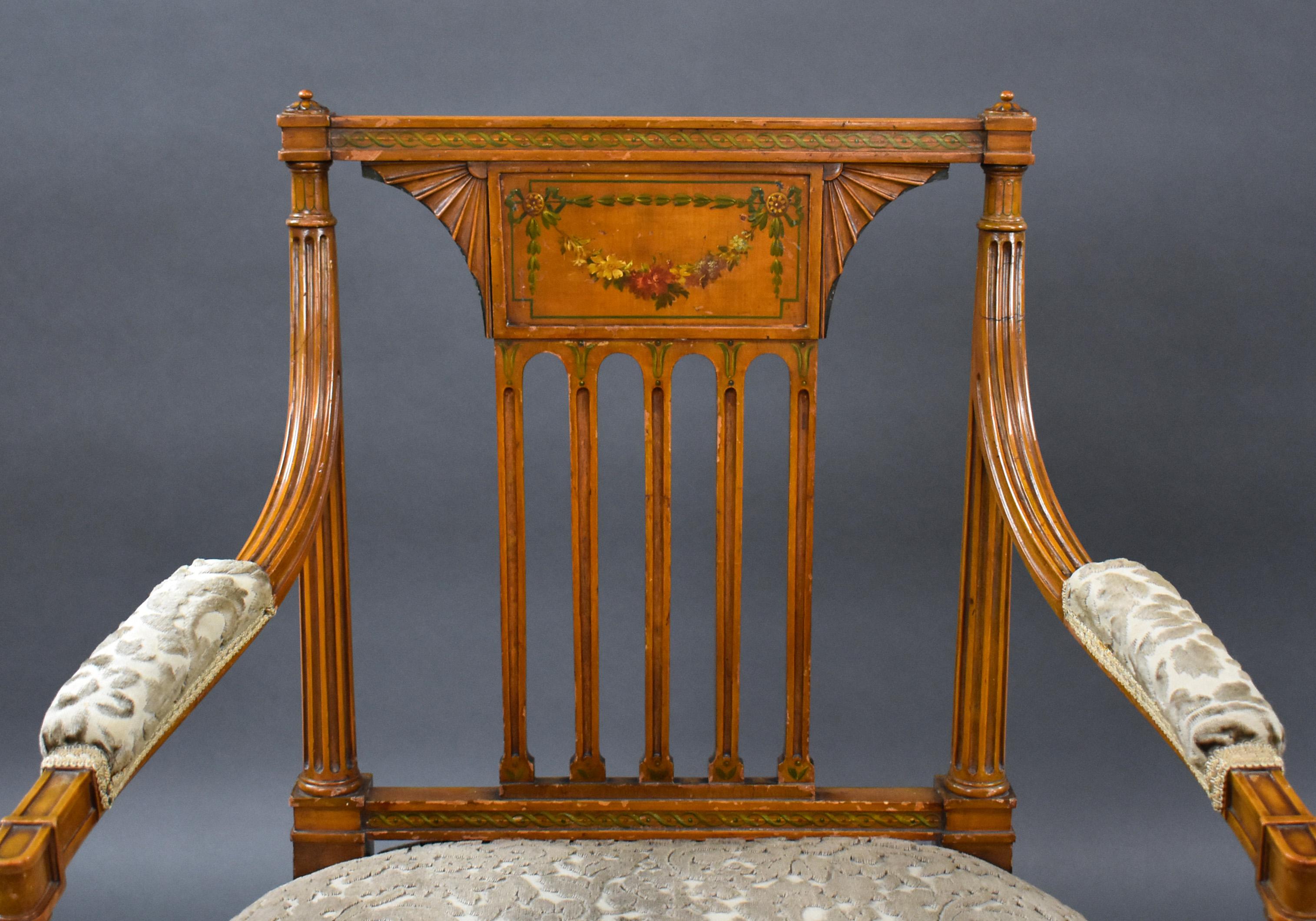 Pair of Early 20th Century English Edwardian Hand Painted Satinwood Armchairs For Sale 9