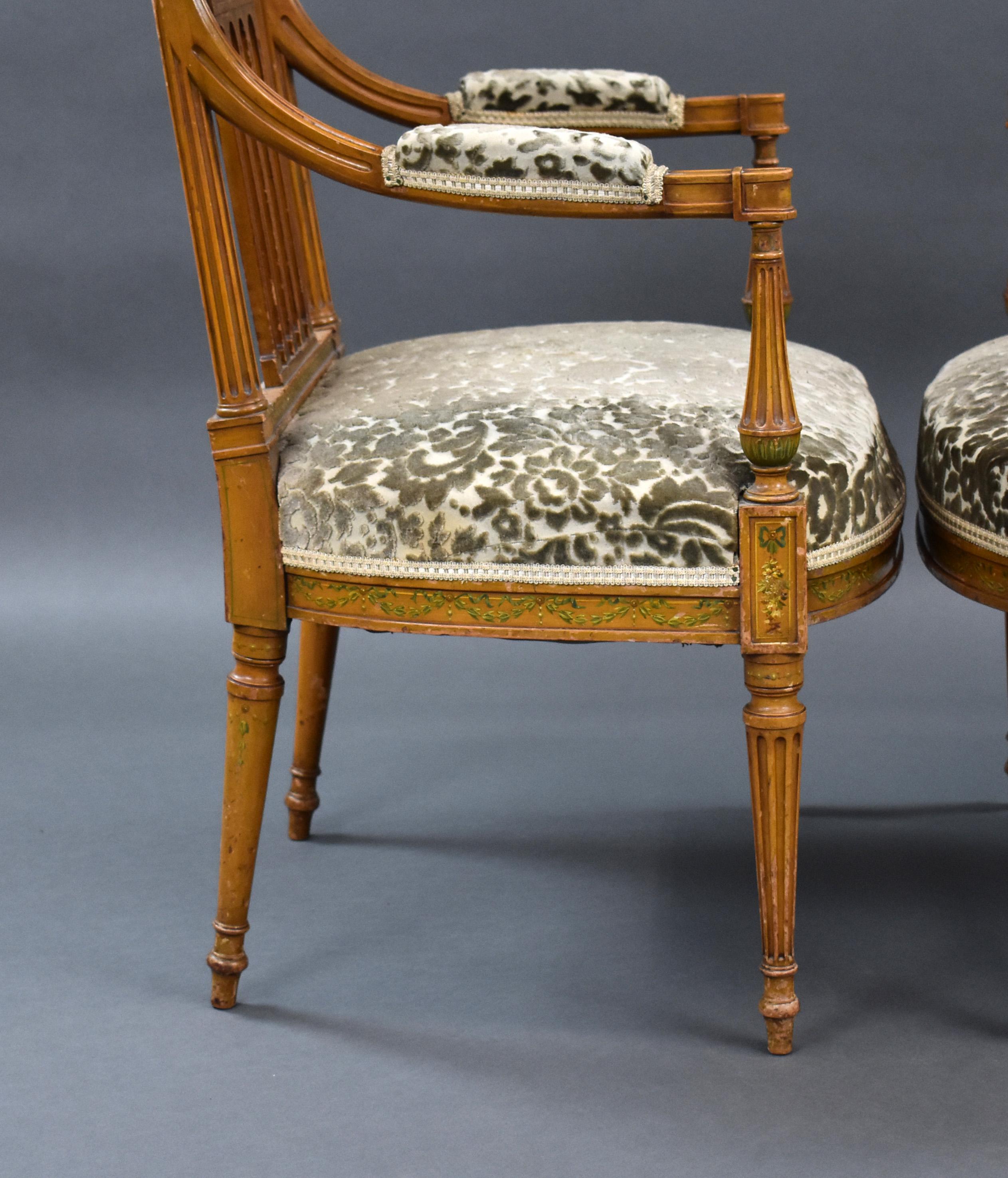Pair of Early 20th Century English Edwardian Hand Painted Satinwood Armchairs For Sale 3